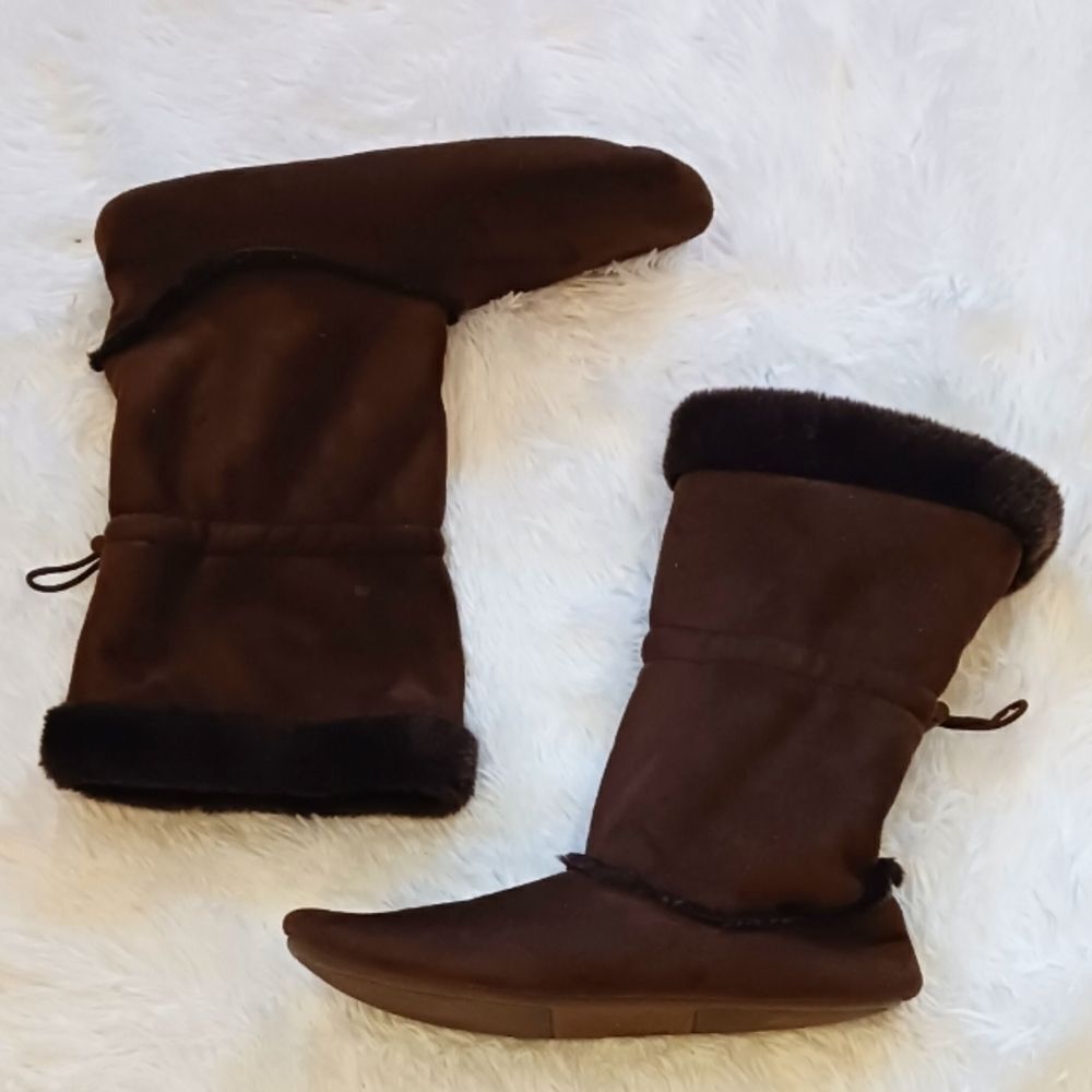 Slipper Boots Faux Suede with Faux Fur Lining Brown